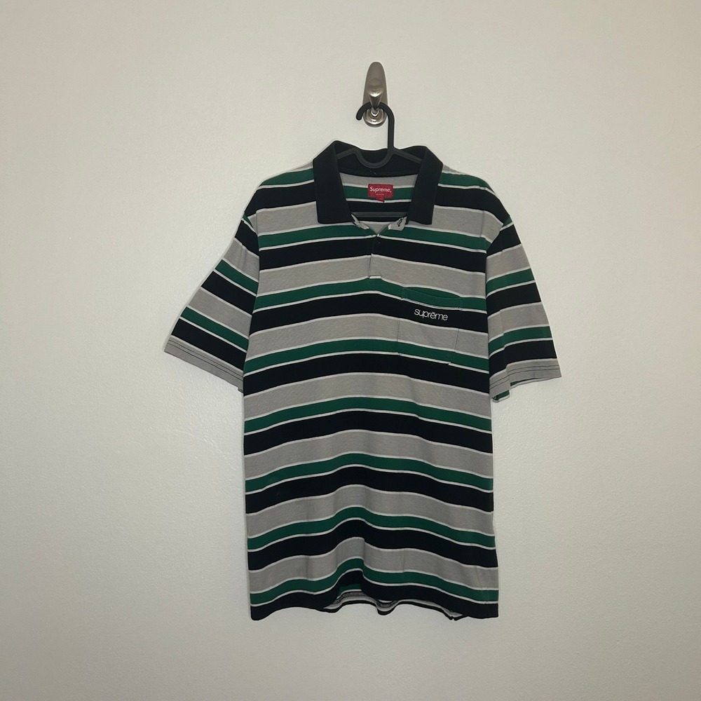 Supreme Striped Polo Shirt Green Black Grey Embroidered Logo Pocket Mens Medium